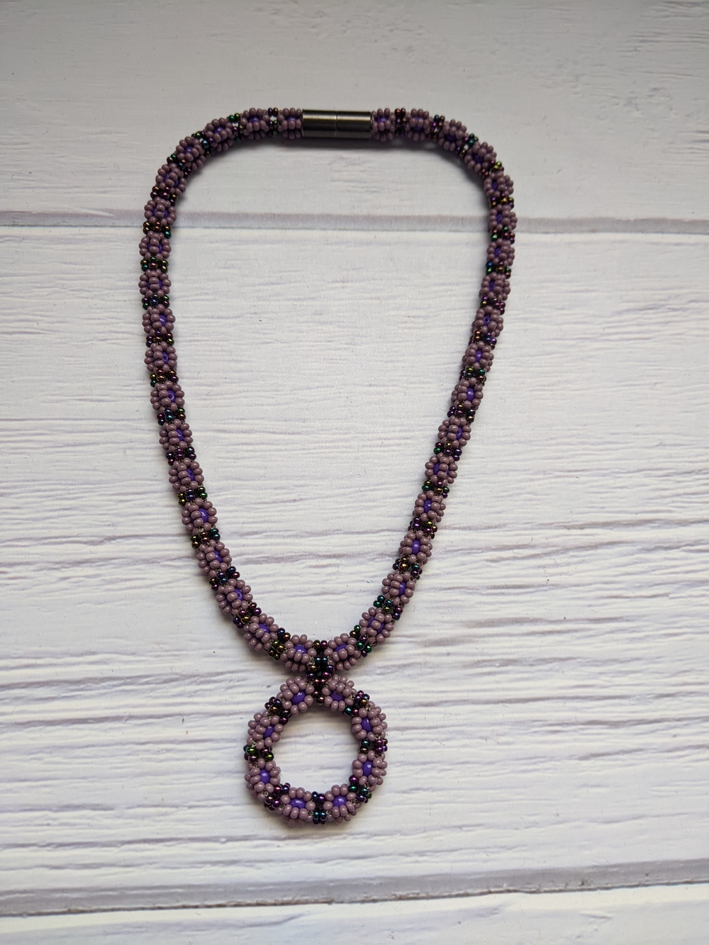 Lavender Beaded Necklace with Circular Pendant